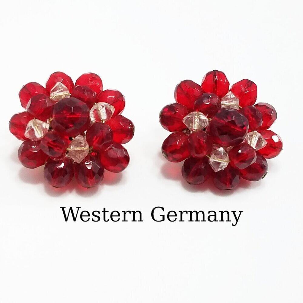 Vintage Western Germany Red Beaded Clip Earrings, 1950s, 1 1/8 Inches